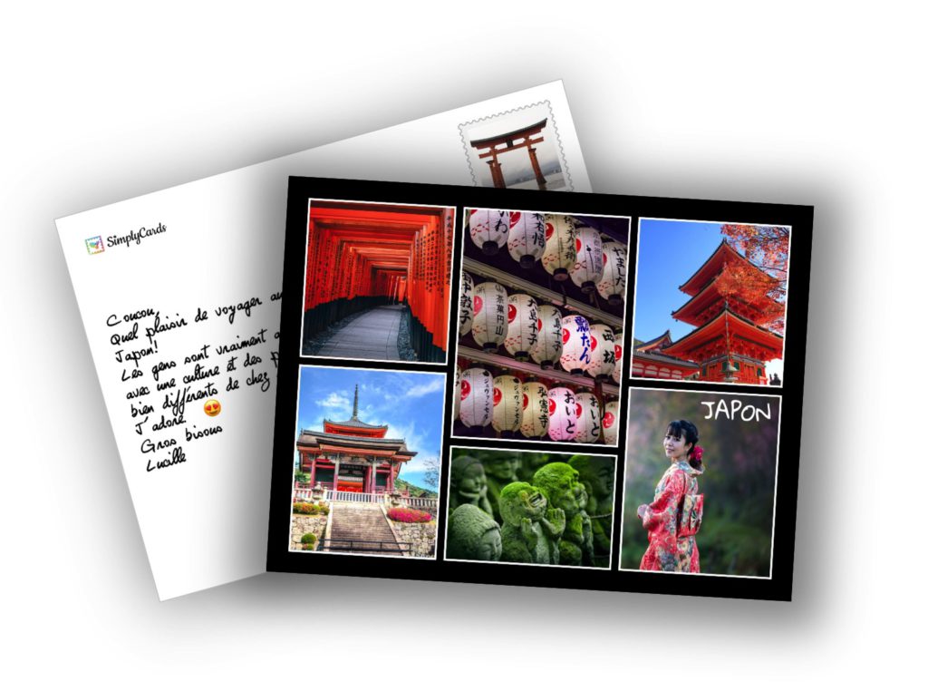 Maquette d'une carte SimplyCards sur le Japon : six photos de temples, de lanternes et de kimono au recto, message manuscrit et timbre au verso
