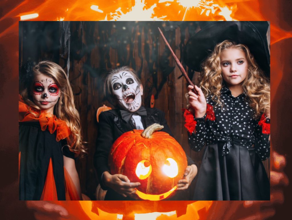 Une carte postale représentant des enfants déguisés partant à la chasse aux bonbons, une des activités à faire à Halloween