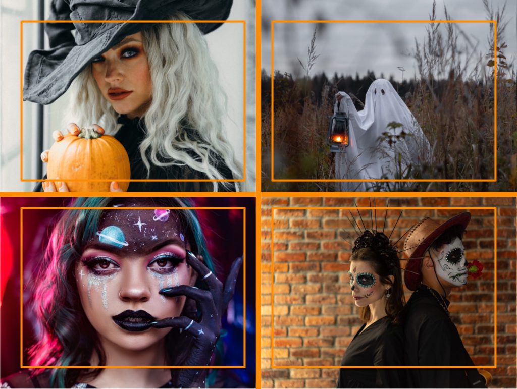 Une carte postale représentant des personnes en costume d'Halloween, une des activités à faire à Halloween.