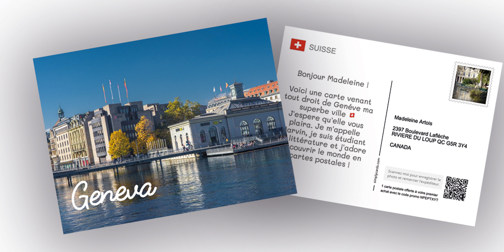 Une carte postale représentant Genève à destination du Québec