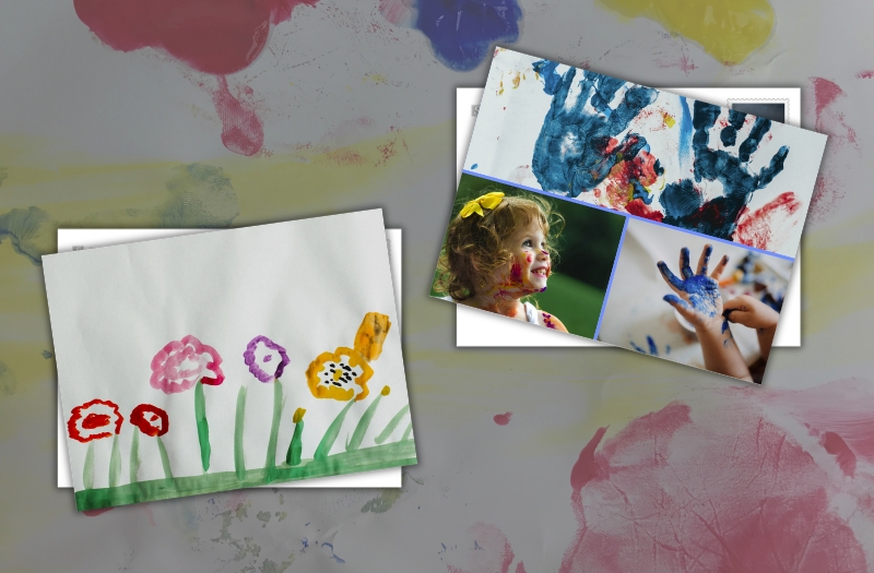 carte postale personnalisée avec des phoro de l'art créer par les enfants pendant les vacances