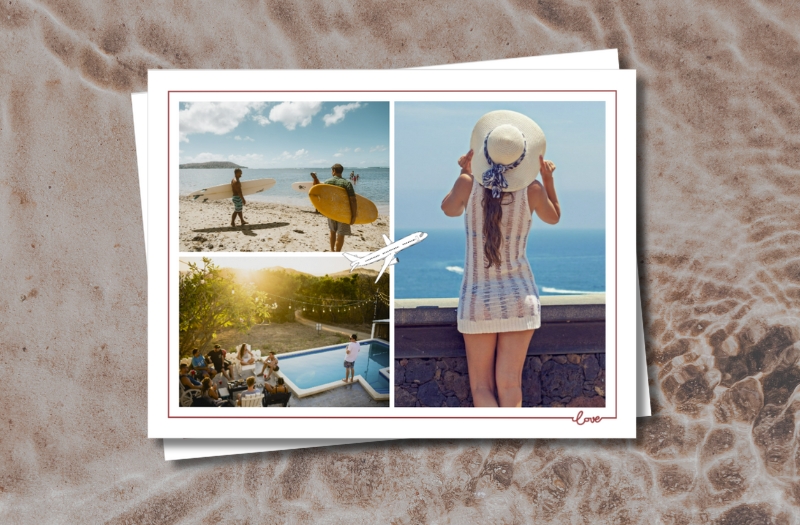 carte postale personnalisée avec des photos de vacances d'été partager via une application