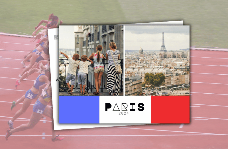 Carte postale personnalisée des jeux olympiques de Paris 2024. On y voit une famille et la Tour Eiffel