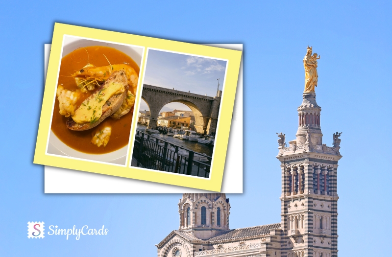 carte postale personnalisé de Marseille avec une photo de bouillabaisse 