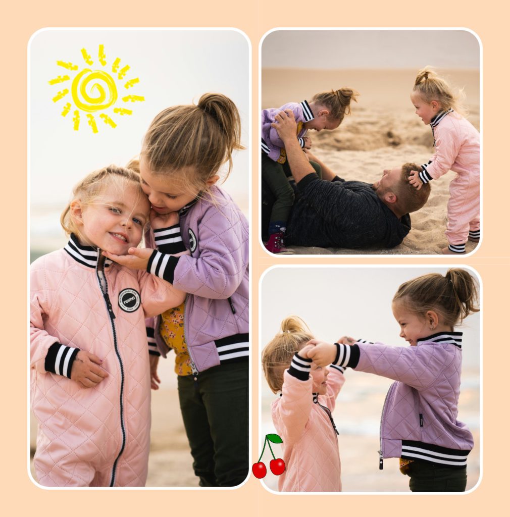 Carte postale personnalisée SimplyCards avec 2 soeurs et leur père qui jouent sur la plage