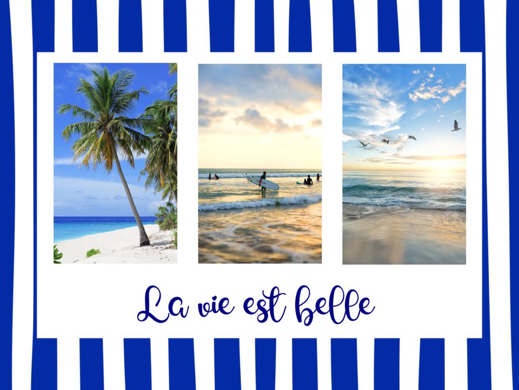 carte postale de vacances à la plage avec un titre : la vie est belle