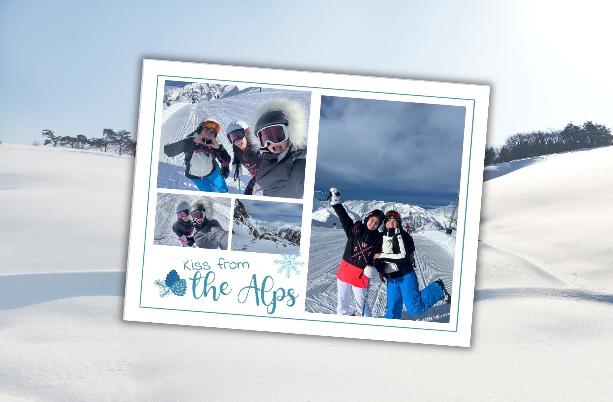 Maquette de carte SimplyCards « Kiss from the Alps » : quatre photos de skieurs souriants sur la neige