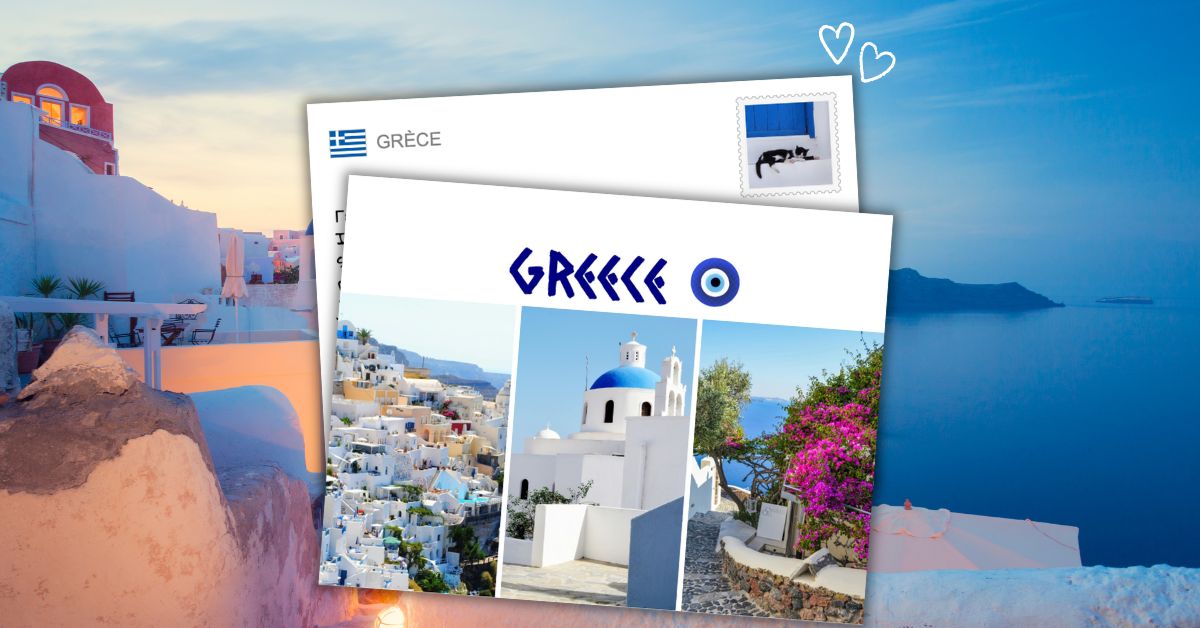 Carte postale SimplyCards « Grèce » : photo d'une église blanche à dôme bleu et de maisons blanches face à la mer, avec un timbre et un cœur dessiné