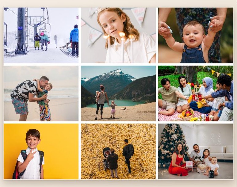 Exemple de carte à neuf photos en trois rangées de trois : ski, anniversaire, premiers pas, plage, montagne, pique-nique, rentrée, automne, Noël