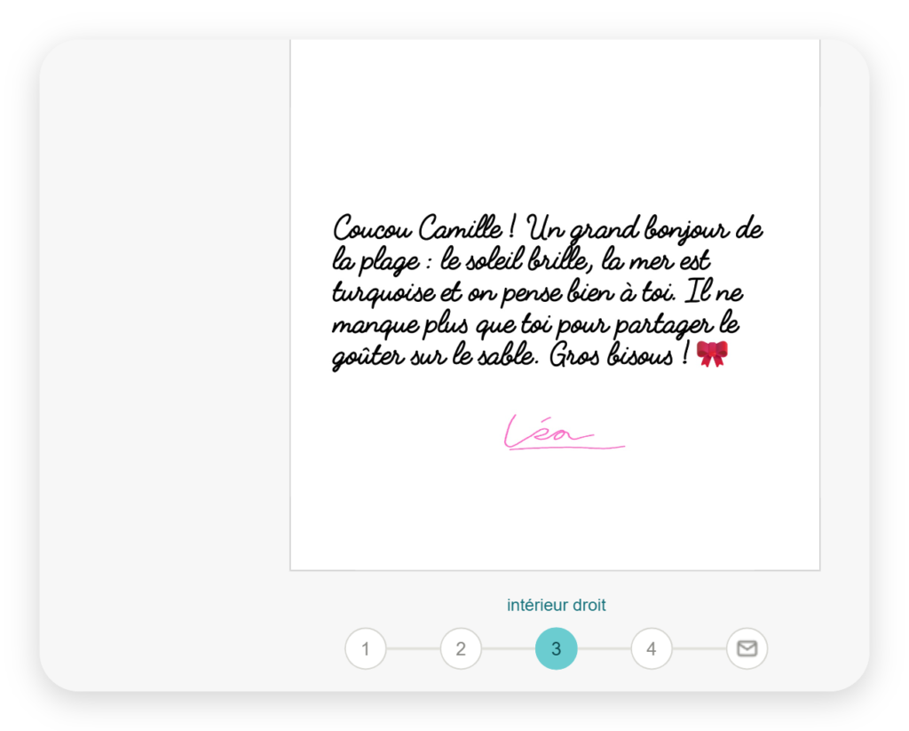 Carte Duo SimplyCards : message manuscrit et signature rose sur la page intérieure droite, avec les boutons Message, Image de fond et Signature