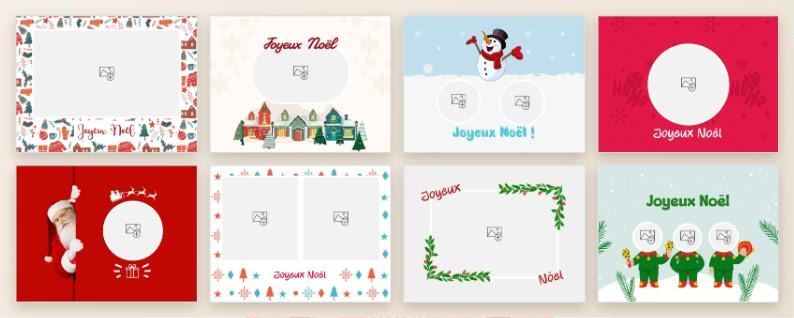 Huit modèles de cartes de Noël SimplyCards avec emplacements pour photos : houx, village, bonhomme de neige, Père Noël, lutins