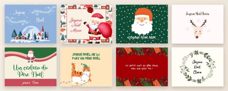 Huit modèles illustrés de cartes de Noël SimplyCards : boule à neige, Père Noël, renne, chat en guirlande, couronne de houx
