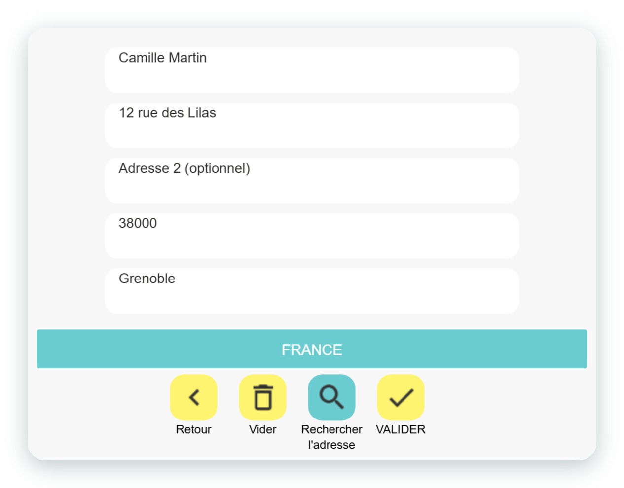 Formulaire d'adresse du destinataire dans l'application SimplyCards, avec les boutons Retour, Vider, Rechercher l'adresse et Valider