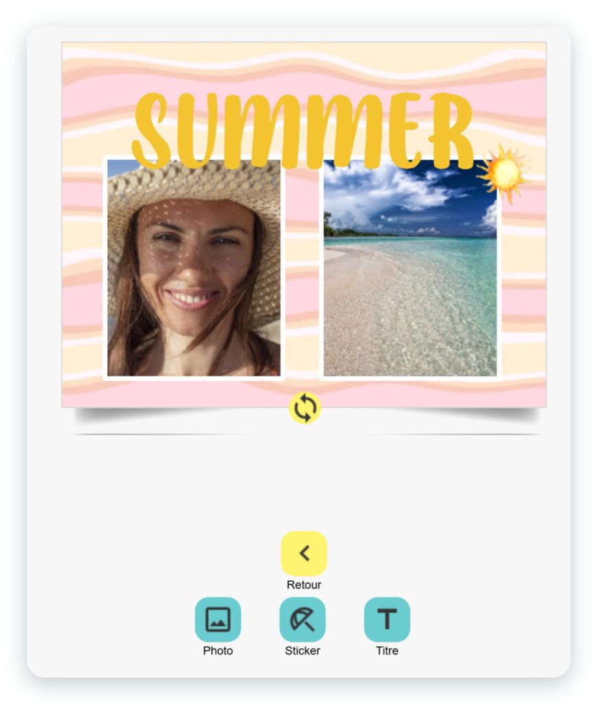 Menu Plus de l'application SimplyCards sous une carte au modèle Summer : boutons pour ajouter une photo, un sticker ou un titre