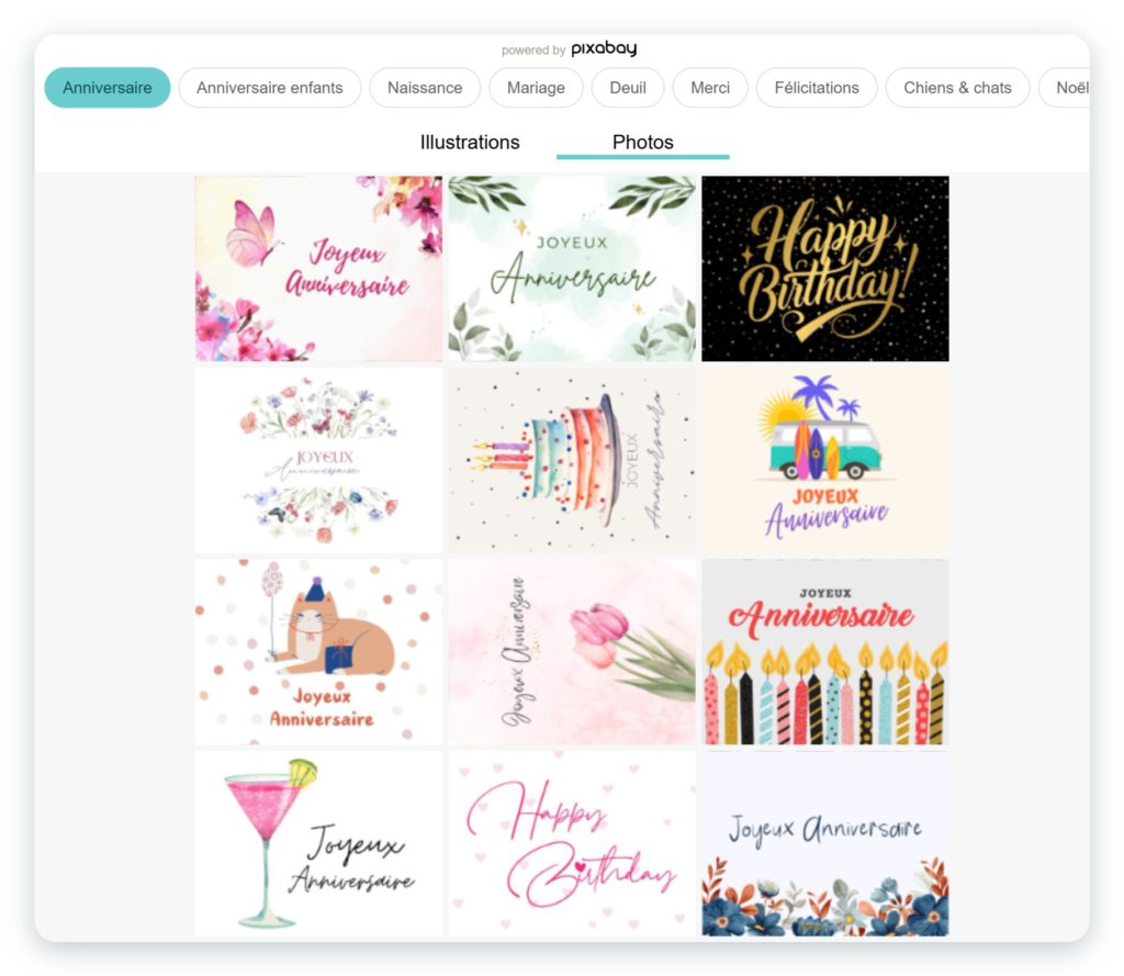 Bibliothèque de visuels de l'application SimplyCards, catégorie Anniversaire : des cartes « Joyeux anniversaire » illustrées, avec les onglets Illustrations et Photos et les catégories par thème