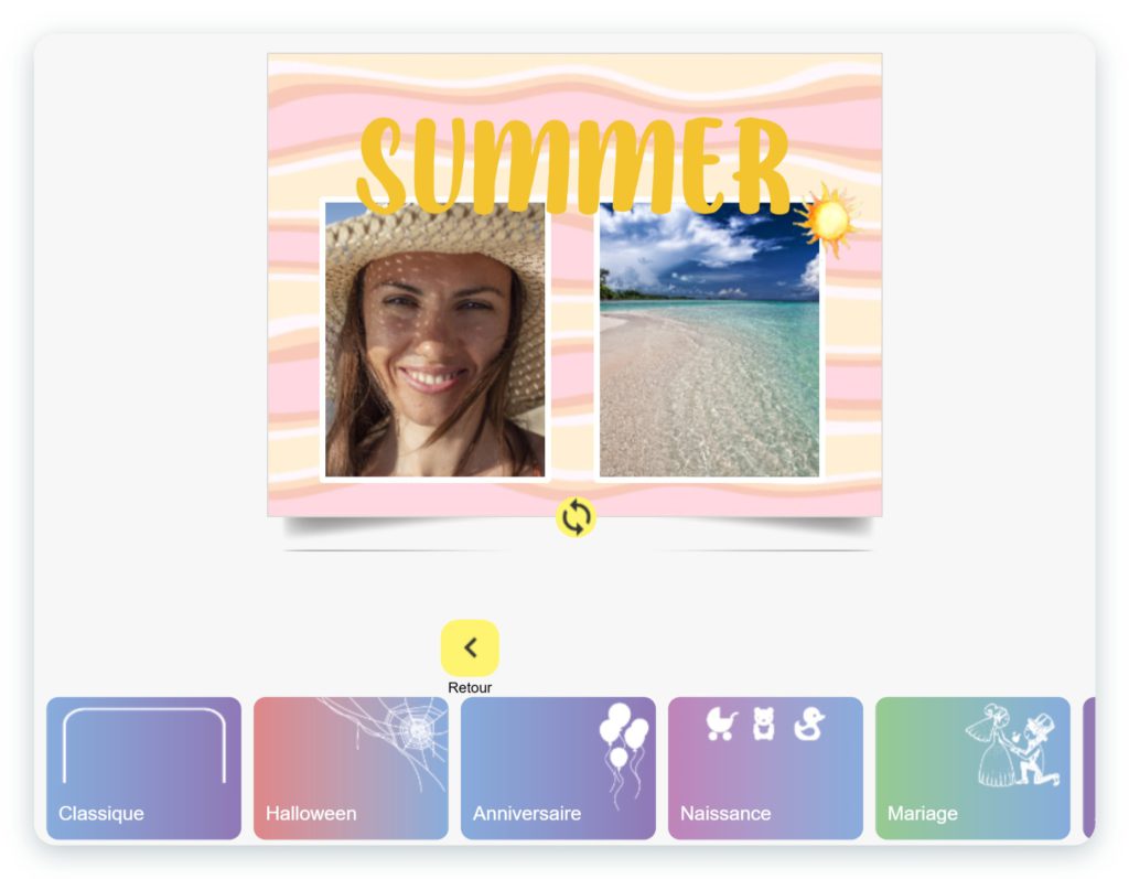 Cadres thématiques de l'application SimplyCards sous une carte au modèle Summer : catégories Classique, Halloween, Anniversaire, Naissance, Mariage, Amour, Noël et plus