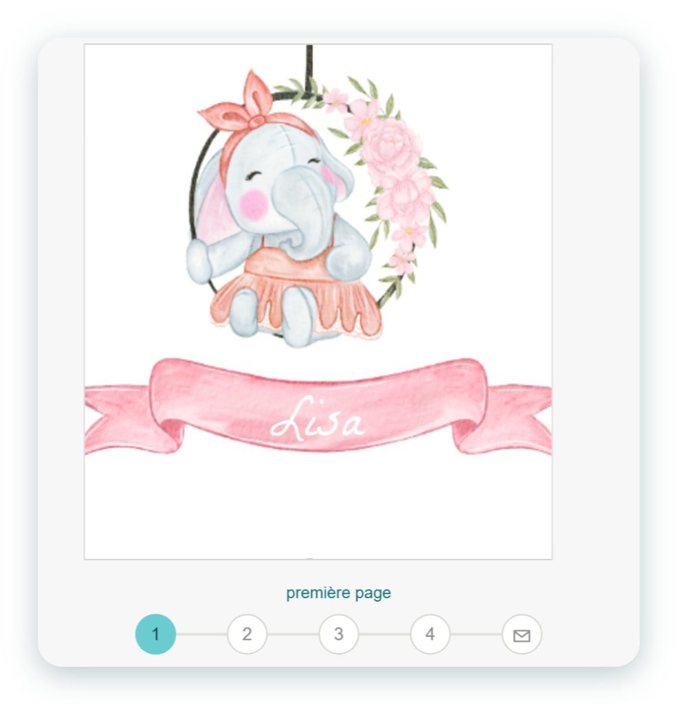Éditeur de la carte Duo dans l'application SimplyCards : première page d'un modèle de naissance aquarelle avec une éléphante nommée Lisa, et la navigation entre les quatre pages et l'enveloppe