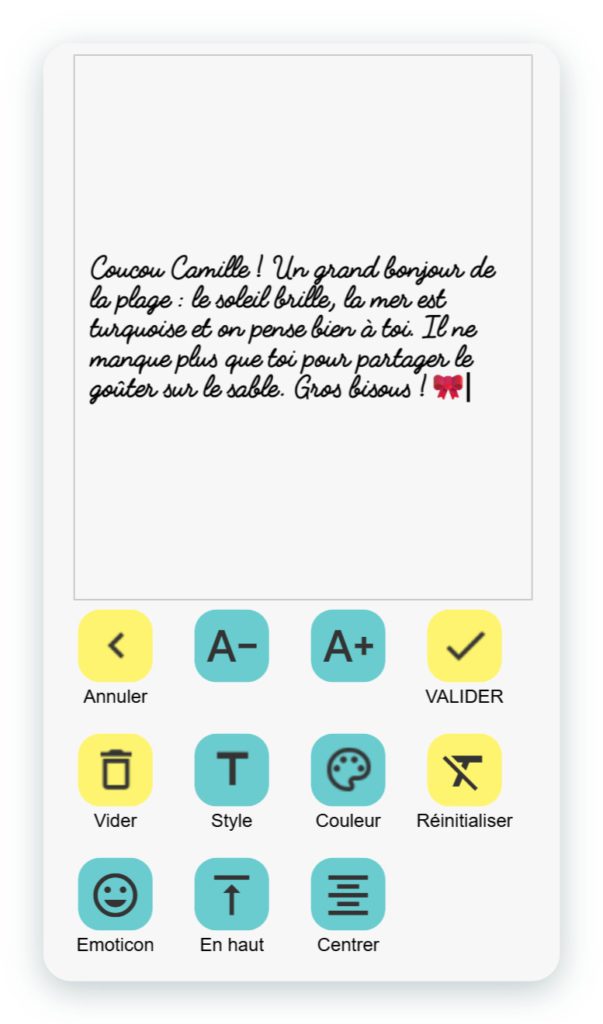 Éditeur de message de l'application SimplyCards : texte manuscrit au verso de la carte avec les outils Taille, Style, Couleur, Émoticône, alignement en haut et centrage