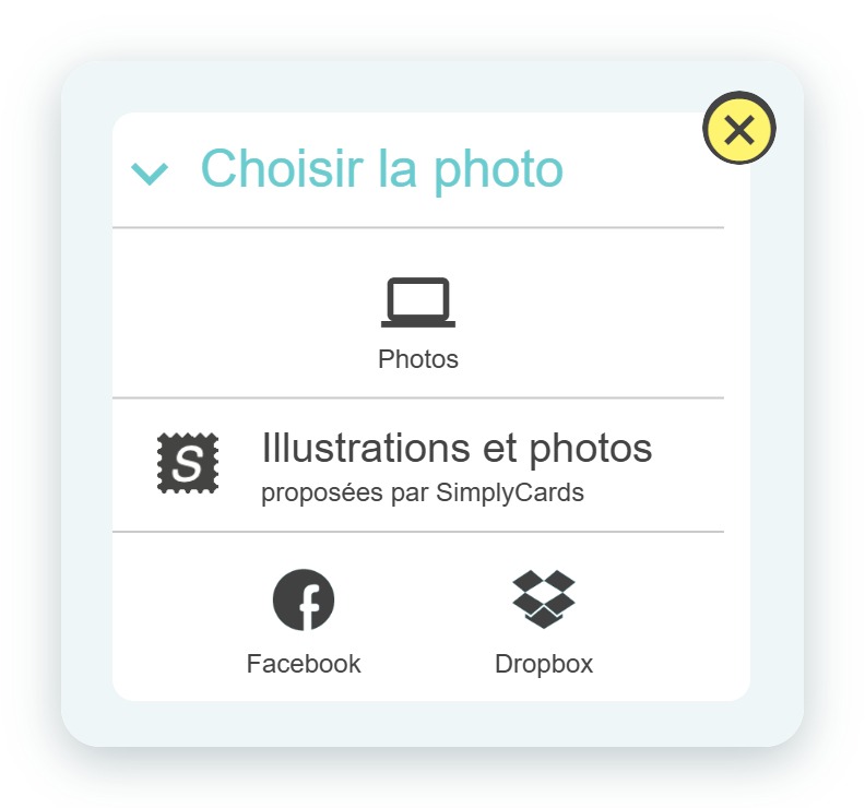 Fenêtre « Choisir la photo » de l'application SimplyCards : photos de l'appareil, illustrations et photos proposées par SimplyCards, Facebook et Dropbox