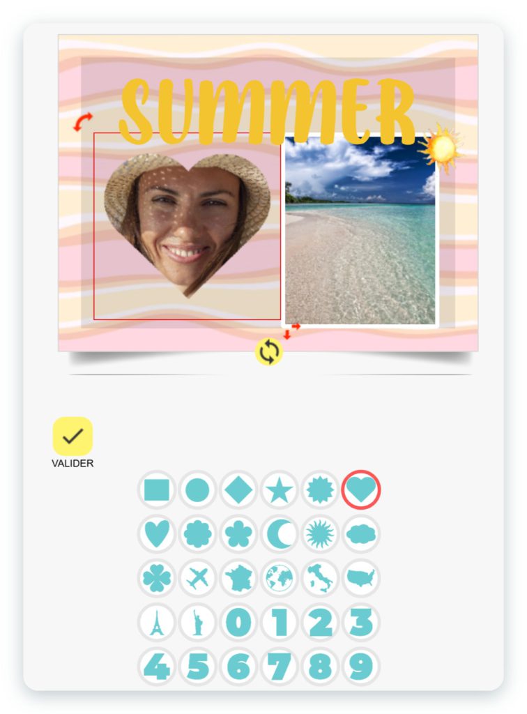 Choix de la forme d'une photo dans l'application SimplyCards : un portrait découpé en cœur sur le modèle Summer, avec les formes cercle, étoile, fleur, nuage, trèfle, France, tour Eiffel et chiffres