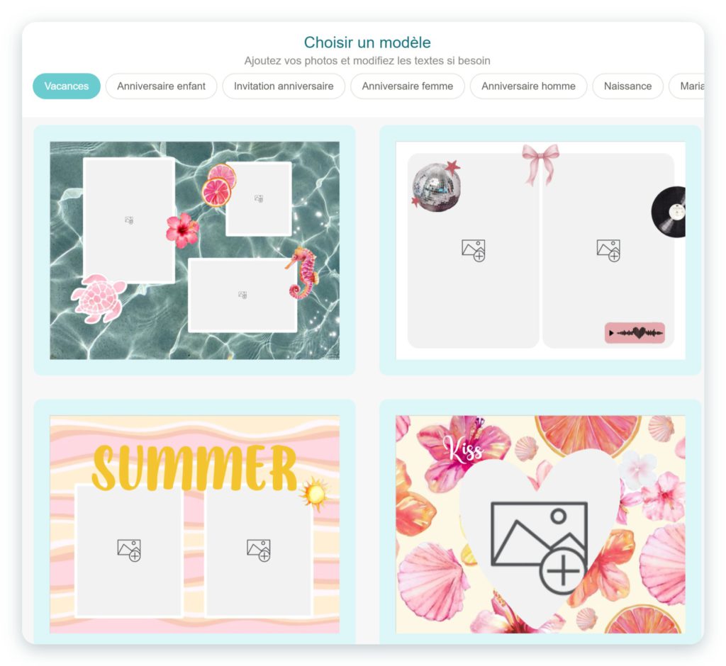 Galerie « Choisir un modèle » de l'application SimplyCards, catégorie Vacances : modèles de cartes avec emplacements photo, fleurs, coquillages et titre Summer