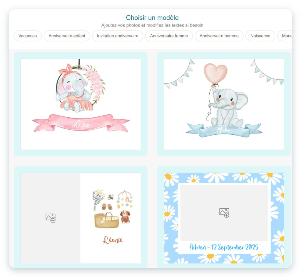 Galerie de modèles de l'application SimplyCards, catégorie Naissance : modèles aquarelle avec des éléphants, des guirlandes, des marguerites et des prénoms à personnaliser