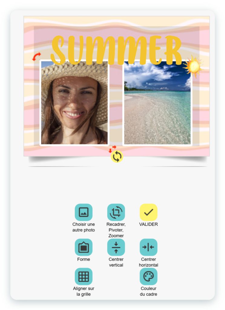 Outils d'une photo sélectionnée dans l'application SimplyCards : choisir une autre photo, recadrer, pivoter, zoomer, forme, centrage vertical et horizontal, alignement sur la grille et couleur du cadre