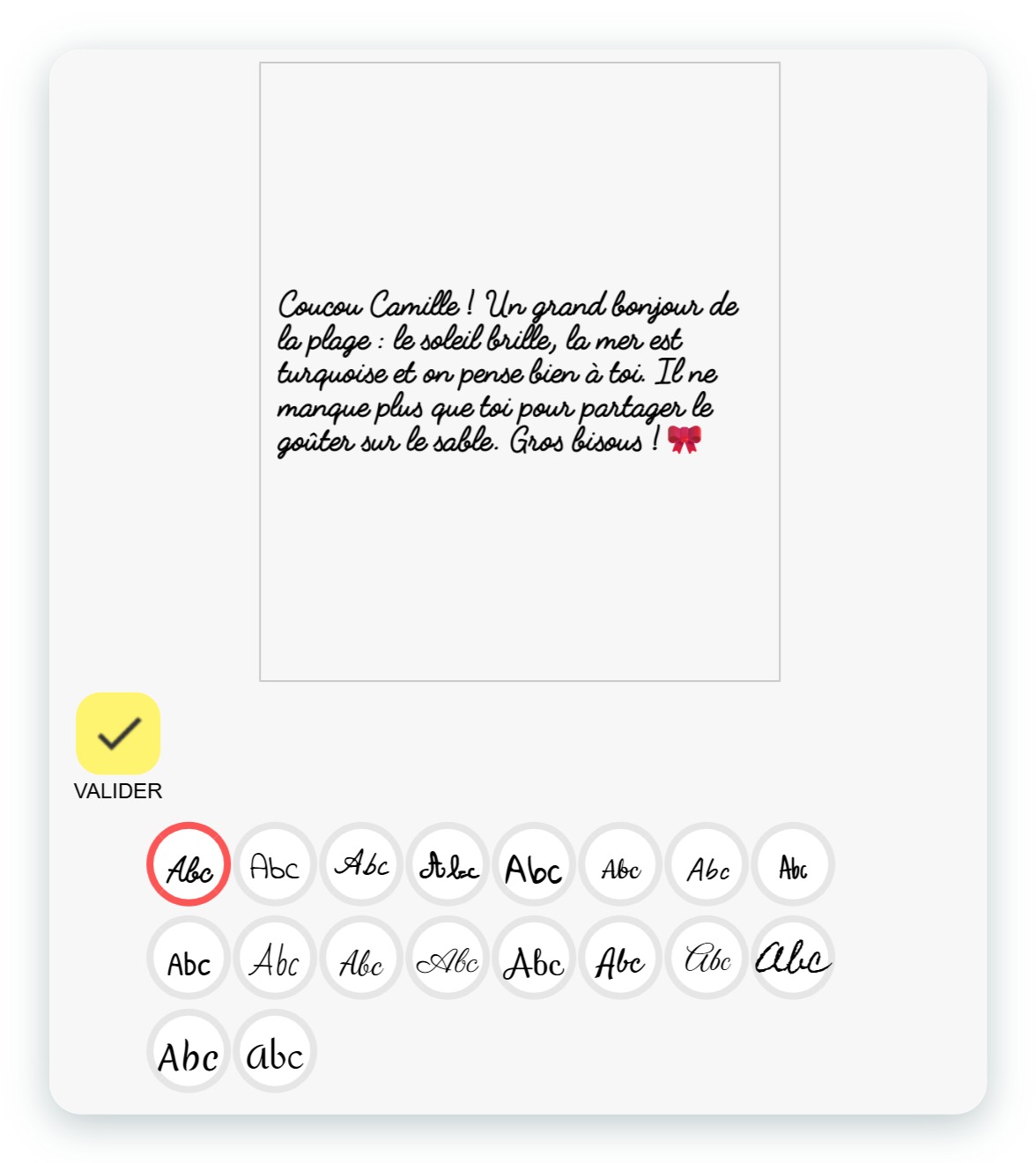 Choix de la police d'écriture dans l'application SimplyCards : dix-huit styles d'écriture manuscrite et d'imprimerie pour le message au verso