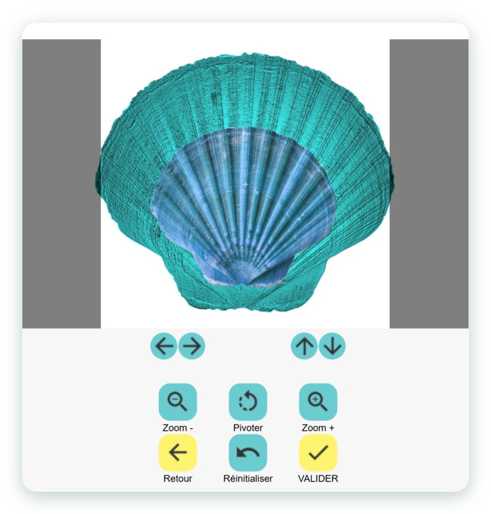 Outils de recadrage de l'application SimplyCards : flèches de déplacement, zoom avant et arrière, pivoter, réinitialiser et valider, sur un coquillage turquoise
