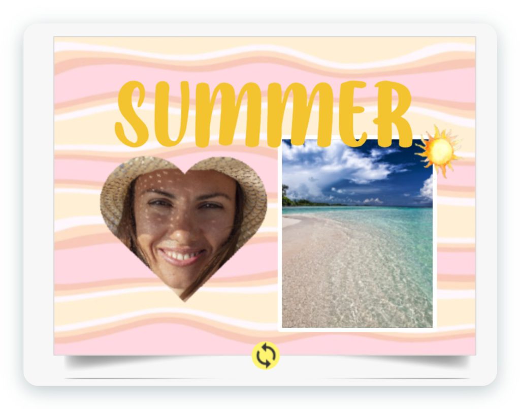 Exemple de carte postale avec photos créée dans l'application SimplyCards : le modèle Summer avec un portrait souriant au chapeau de paille découpé en forme de cœur et une photo de plage