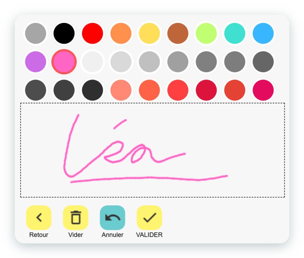 Signature manuscrite « Léa » tracée en rose dans l'application SimplyCards, avec la palette de couleurs du stylo et les boutons Retour, Vider, Annuler et Valider
