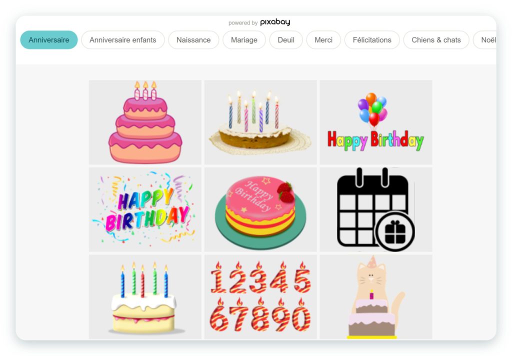 Bibliothèque de stickers de l'application SimplyCards : catégories Anniversaire, Naissance, Mariage, Merci, Félicitations, Chiens et chats, Noël, avec des gâteaux, des bougies et des ballons
