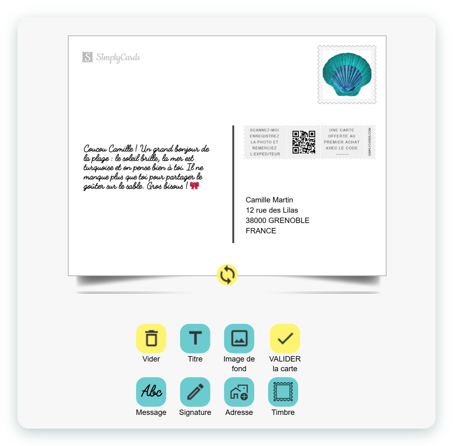 Verso d'une carte dans l'application SimplyCards : message, adresse, timbre personnalisé, boutons Titre, Message, Signature, Adresse, Timbre