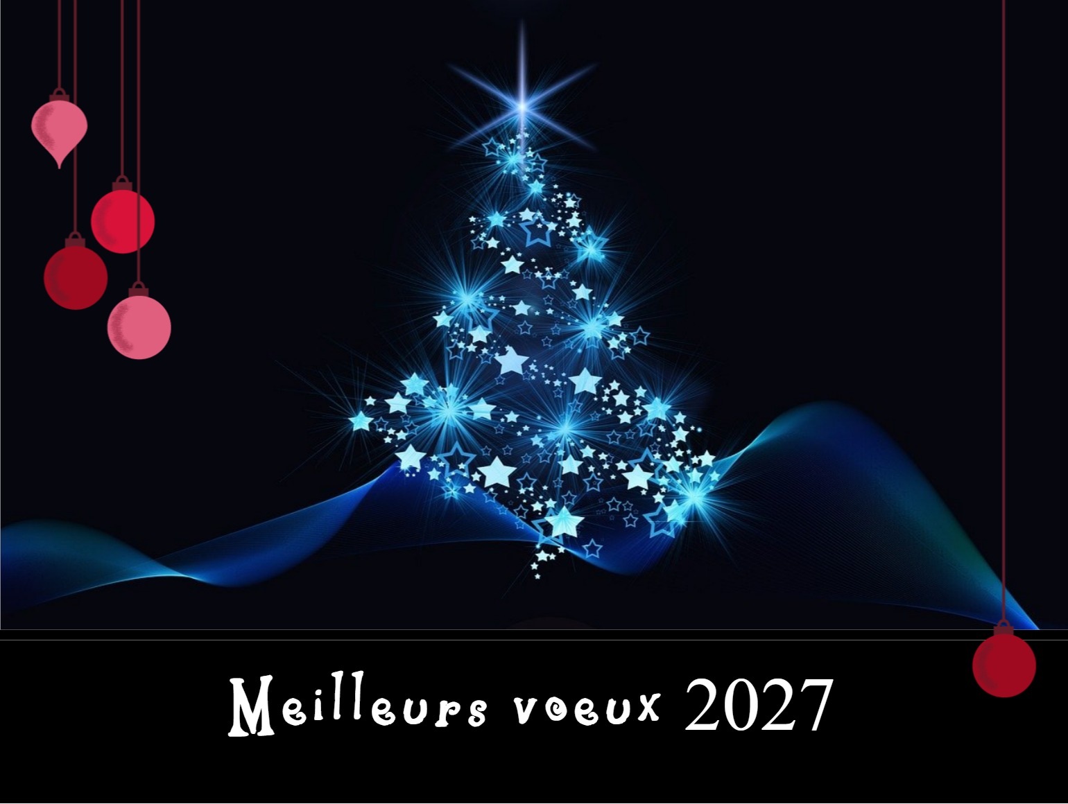 Carte de vœux 2027 : sapin de Noël étoilé sur fond bleu nuit, avec le texte « Meilleurs vœux 2027 »
